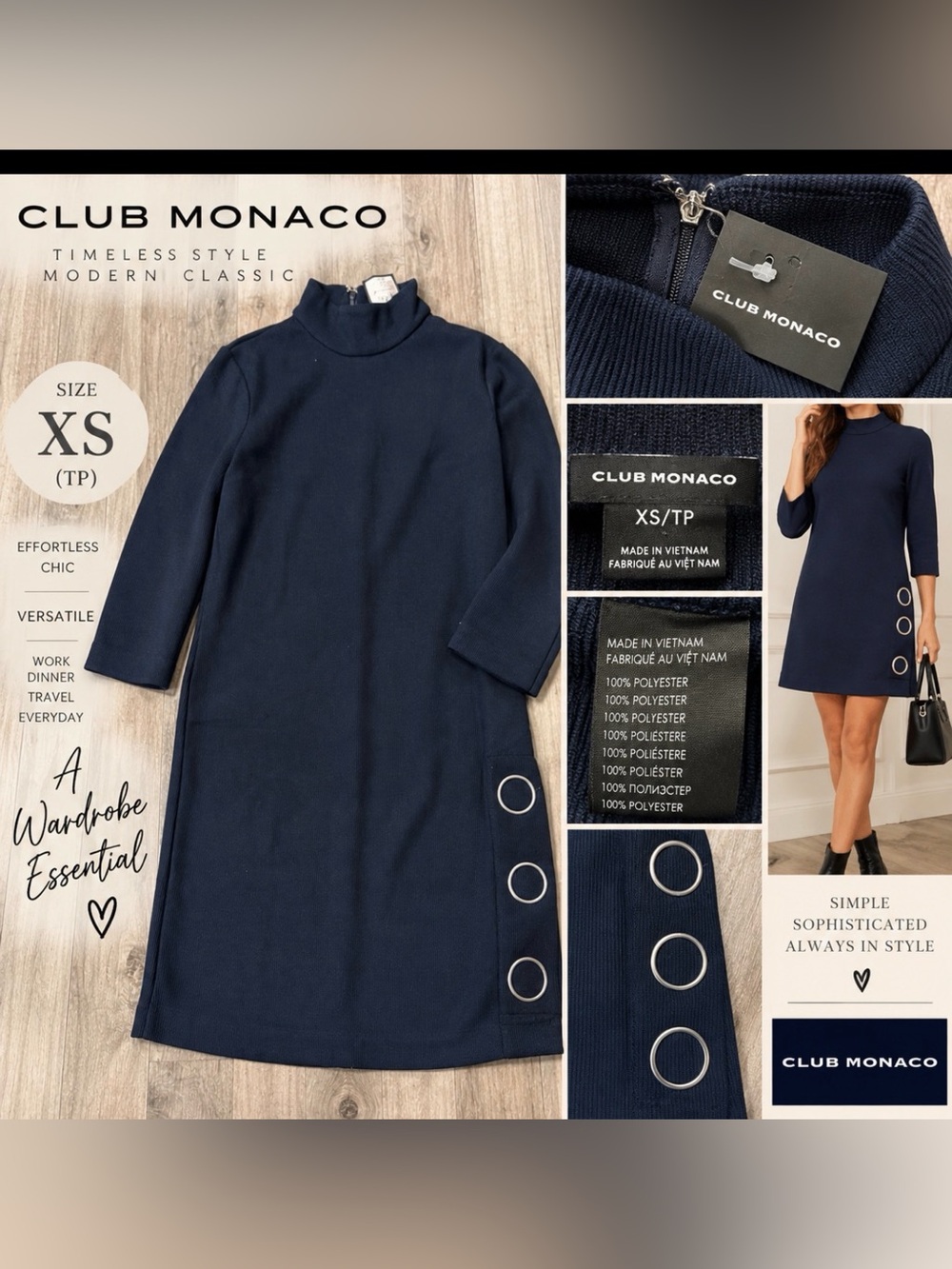 Club Monaco Navy Ribbed Mock Neck Dress Size XS NWT